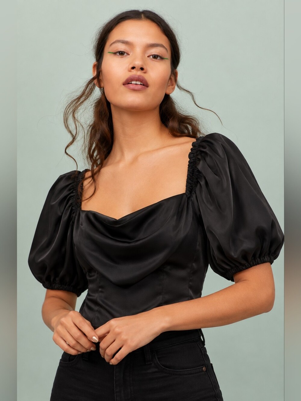 RO&DE Black Satin Cowl Neck Puff Sleeve Smocked Back Blouse Top Size L